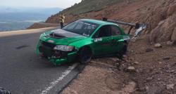 The Mitsubishi EVO driven by Roy Narvaez nearly went off the mountain at the 2016 Pikes Peak Race