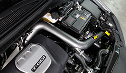 The installation of the AEM 21-817C cold air intake kit adds a professional touch under the hood